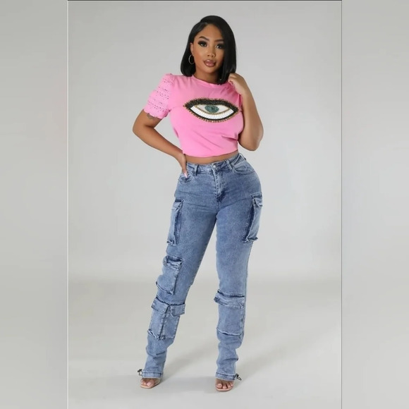 Women's Summer Top: Ginevra Babe Cotton Graphic Tee with Crochet Detail - Picture 6 of 8